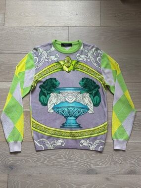 100% Authentic Versace Purple & Green Argyle Sleeve Printed Cashmere Sweater